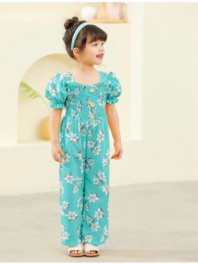 Amazon Teal Floral Smocked Puff-Sleeve Jumpsuit-7/8y